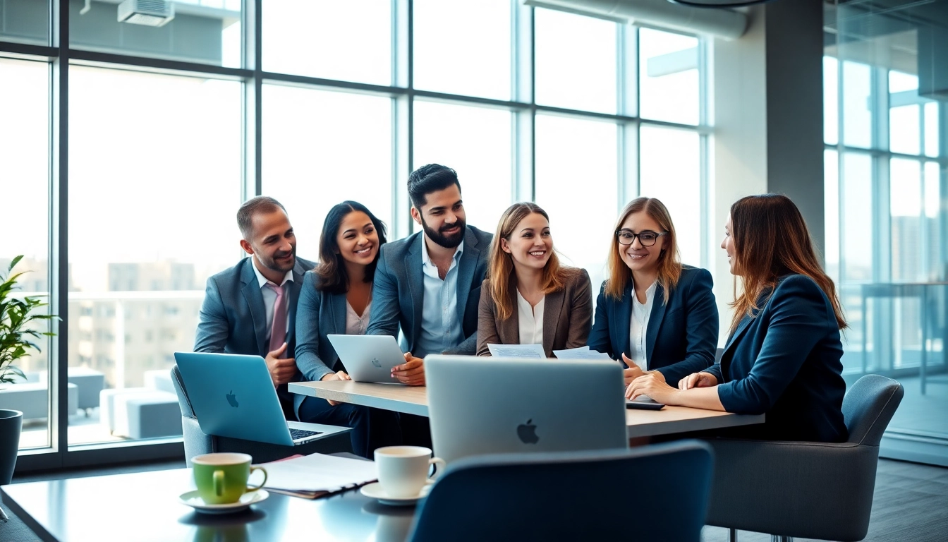 Temp agencies professionals collaborating in a bright, modern office setting.