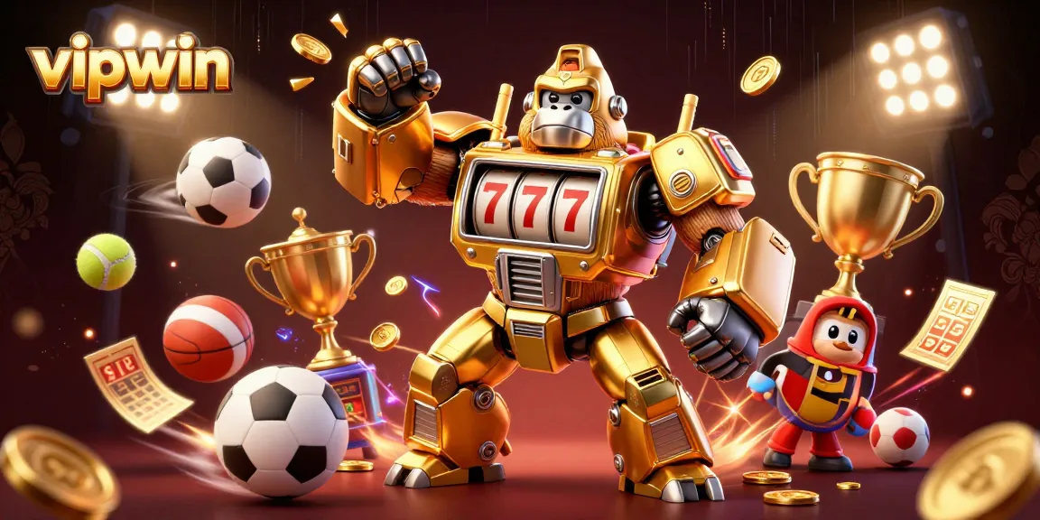 Bet big with vipwin as a golden gorilla mech celebrates wins with a rich casino atmosphere.