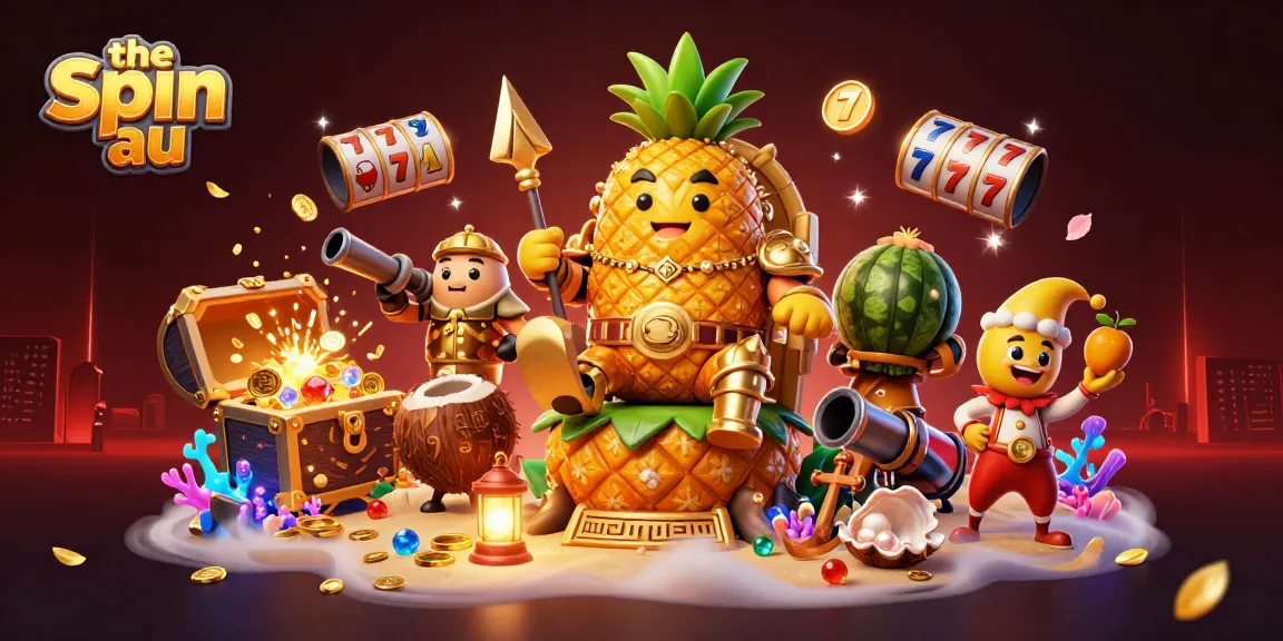 The spin au showcases a lively beach casino scene with a golden pineapple king, coconut guards, and colorful game elements.