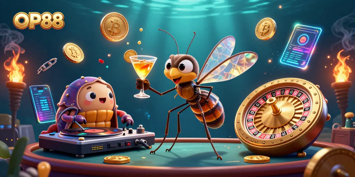 Engage with OP88's 3D illustration showcasing vibrant casino elements amidst a thrilling atmosphere.