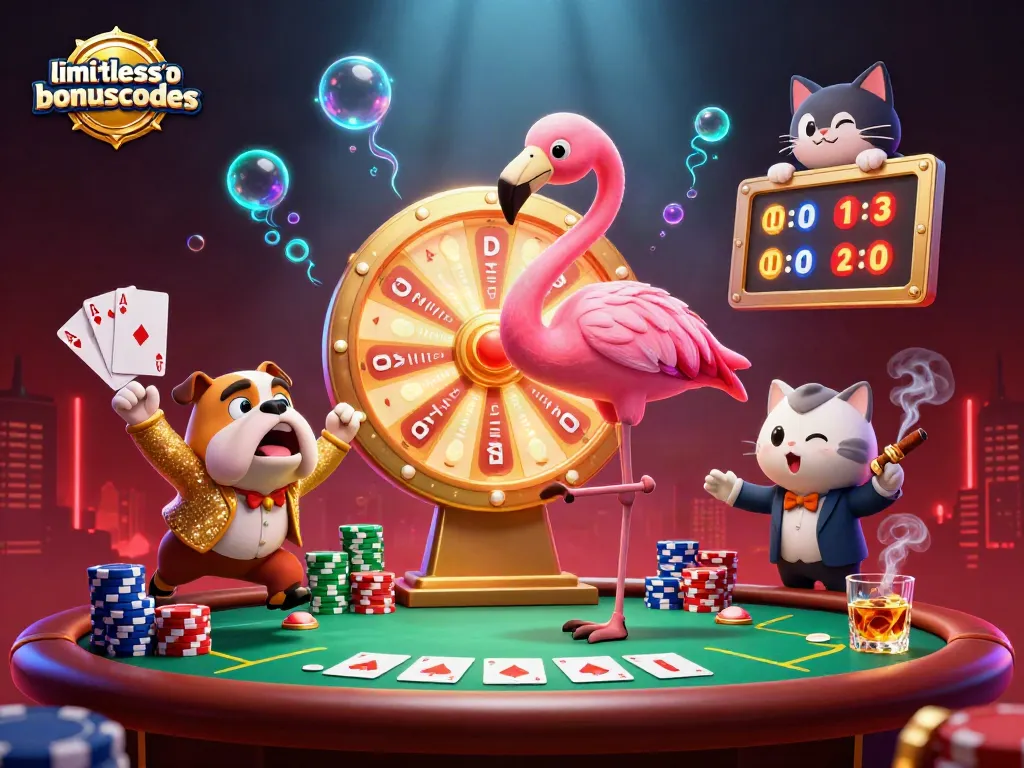 Engage with limitlesscasinobonuscodes in this vibrant casino scene featuring dynamic characters and poker elements.