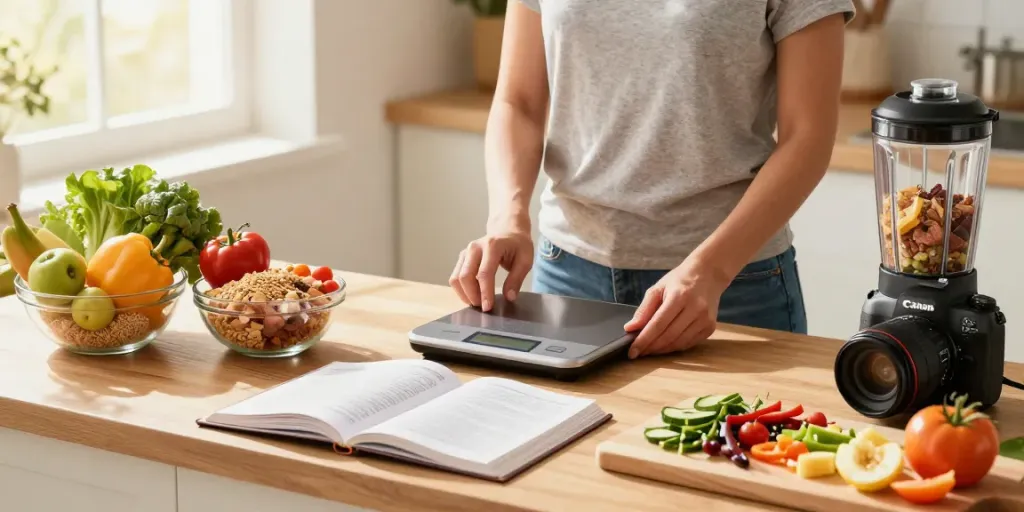 Preparing nutritious meals using lose weight products in a vibrant kitchen.