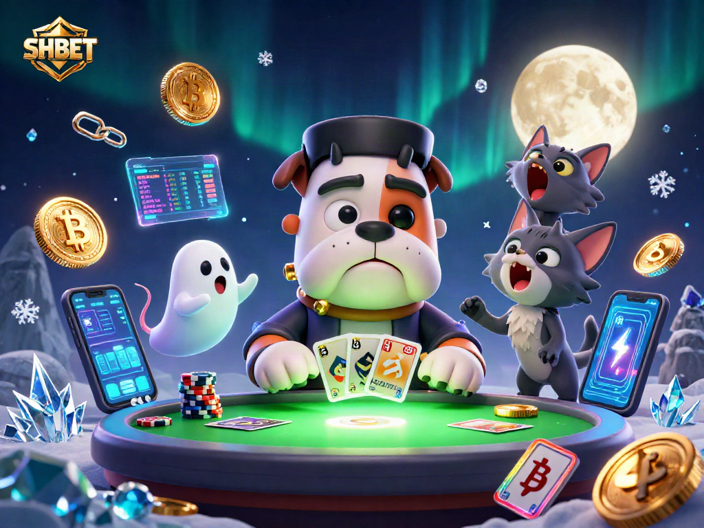 Experience SHBET with a vibrant 3D scene featuring characters and crypto elements in a casino.