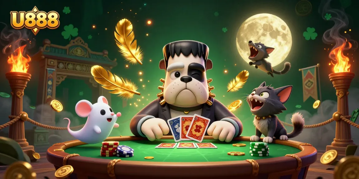 Experience the excitement of U888 with a whimsical casino scene involving a Frankenstein bulldog dealer and lively characters.
