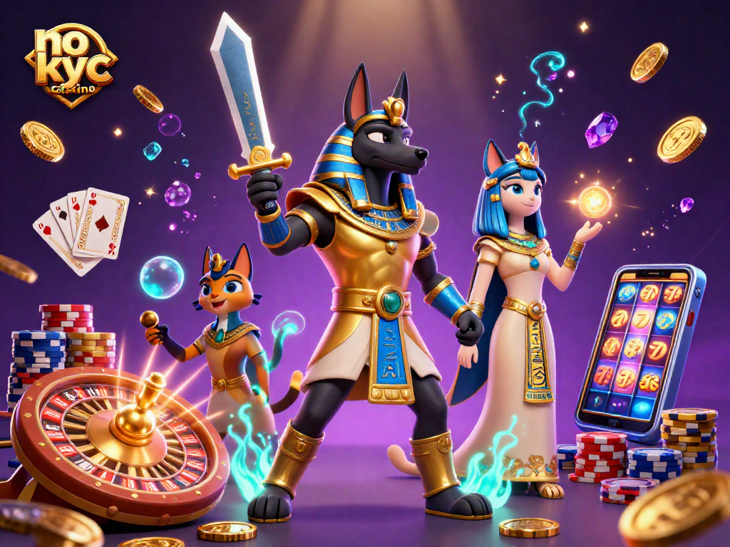 Win big at the no kyc casino with Anubis and Bastet, amidst floating coins and thrilling game elements.