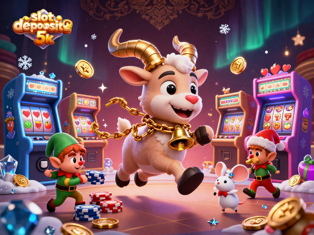 Experience the excitement of slot-deposit-5k with festive characters in a chaotic holiday casino environment.