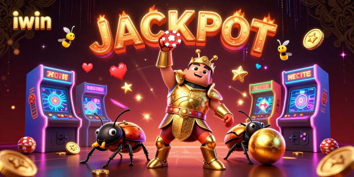 iwin features a victorious beetle lifting a poker chip among casino-themed elements