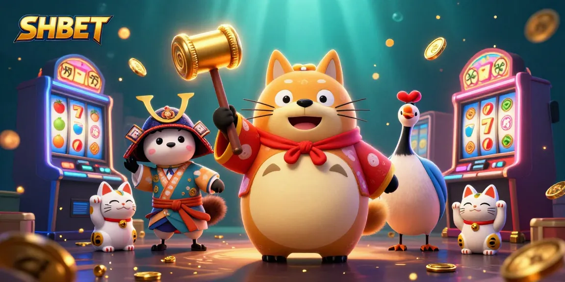 Engage in slots with SHBET as a cheerful tanuki celebrates victory surrounded by casino games.