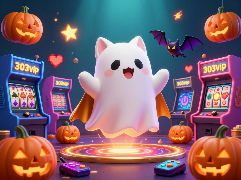 Experience the thrill of winning with 303vip Live Taruhan as a friendly ghost cat and vampire bat explore a lively casino.