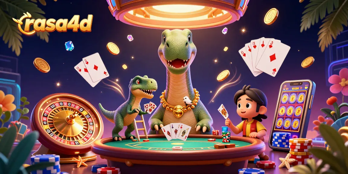 Rasa4d menarik perhatian dengan dinosaur brontosaurus di kasino, menampilkan poker dan koin emas.
