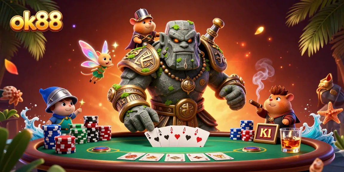 Engage in the thrilling world of ok88 with a vivid scene of a golem guardian and colorful poker elements.