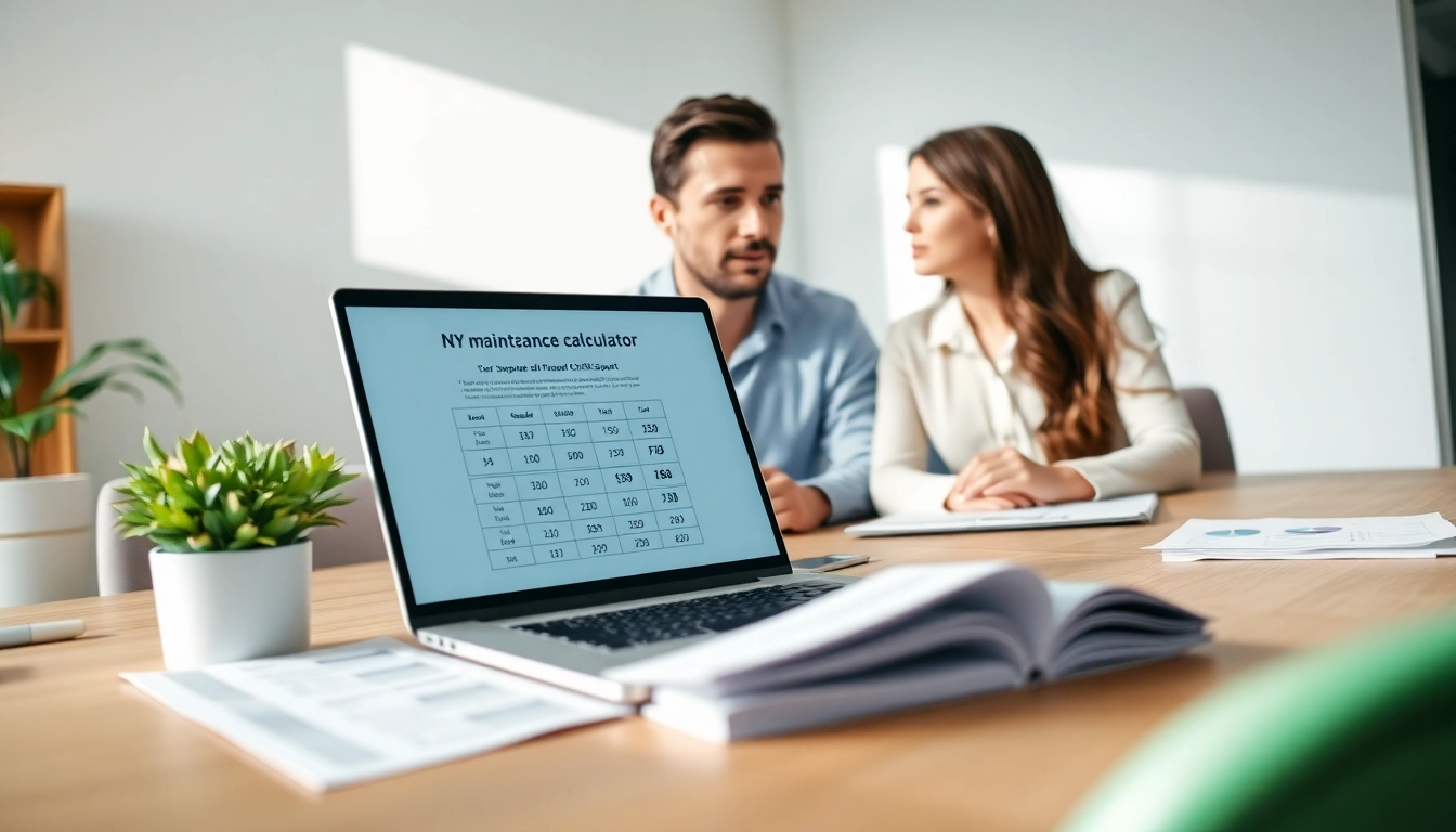 Calculate child support using NY maintenance calculator with child support on a laptop during a financial consultation.