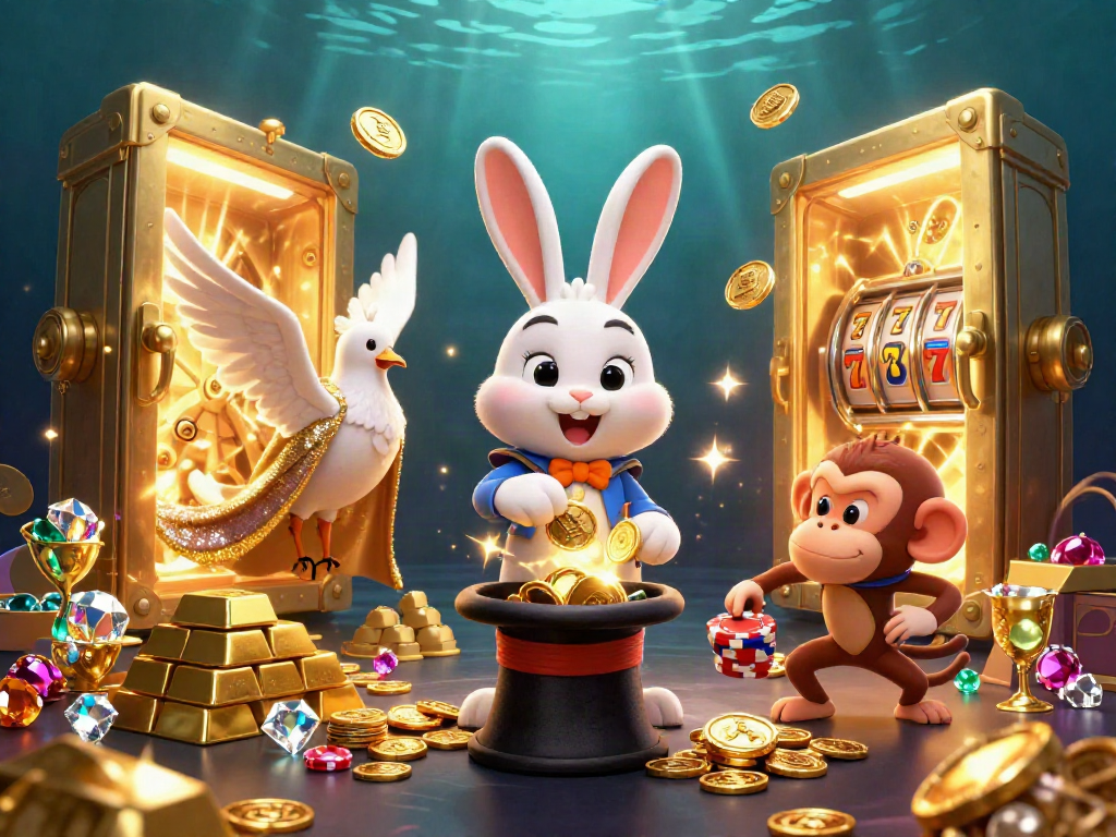 Spin to win with surga777 as characters pull in golden coins and poker chips from a lively casino scene.