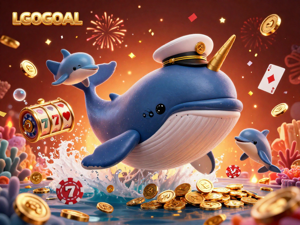 Play exciting games at LGOGOAL with a thrilling 3D illustration of a whale and dolphins celebrating amidst coins and gaming elements.