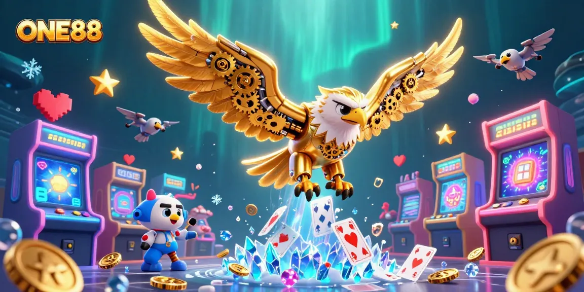 Engage with thrilling ONE88 games featuring a cybernetic eagle amidst vibrant casino elements.