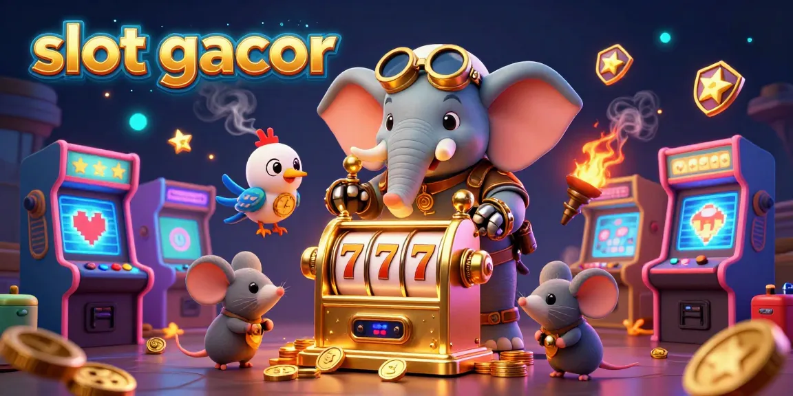 Spin the slot gacor machine with a steampunk elephant engineer amidst colorful gaming elements.