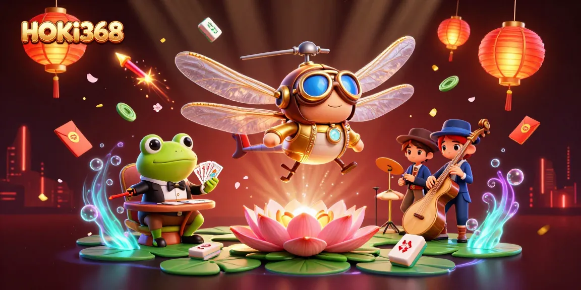 Engage with HOKI368 and explore card games in a whimsical casino scene featuring vibrant characters and festive decorations.