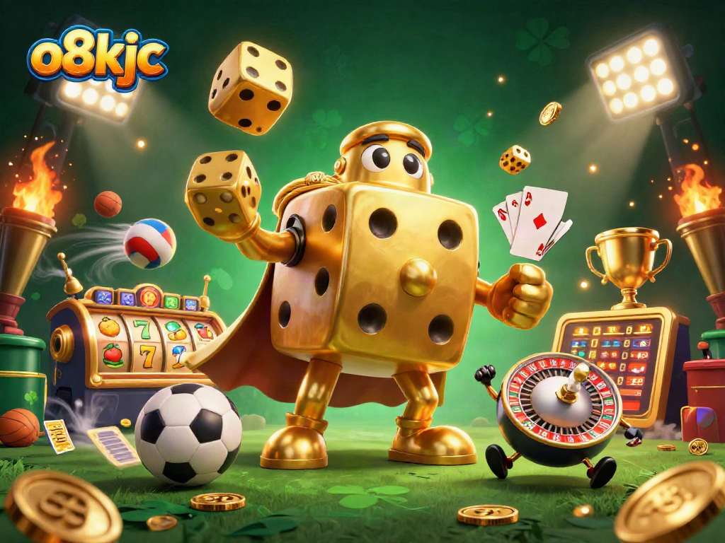 Experience thrilling gameplay with o8kjc in a vibrant 3D casino scene featuring golden dice and slot reels.