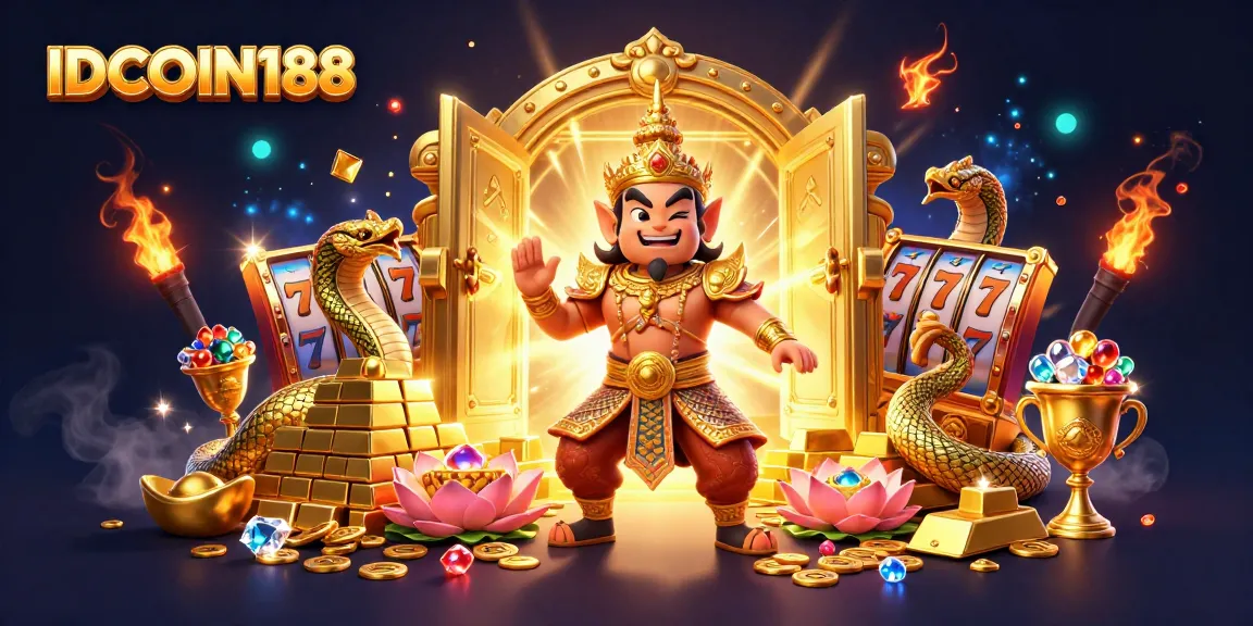 IDCOIN188 features a captivating 3D scene where a temple guardian and Naga serpents highlighted with golden treasures and slot elements attract players.