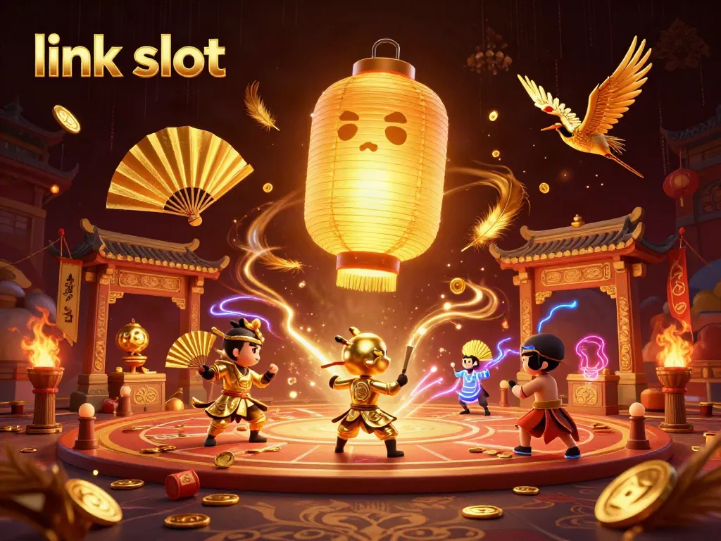 Engage in exciting action with dynamic link slot themed characters and casino elements in a vibrant scene.