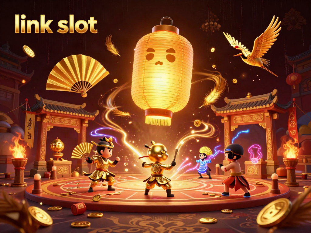 Engage in exciting action with dynamic link slot themed characters and casino elements in a vibrant scene.