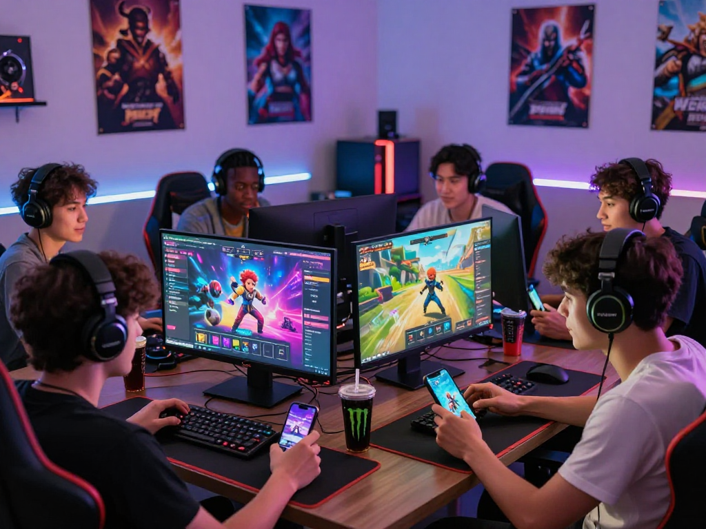 Friends enjoying a lively gaming session playing various porn games on multiple devices in a colorful and interactive environment.
