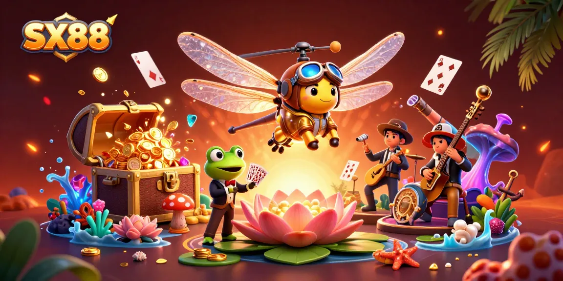 SX88 players enjoy the thrill of casino action in a vibrant and dynamic illustration featuring a dragonfly pilot and frog dealer.