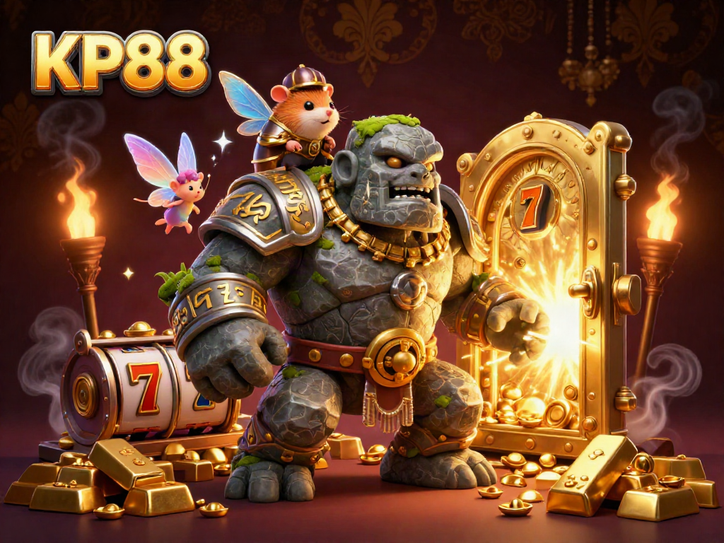 Experience the magic of KP88 as the golem guardian and knight explore the dazzling casino world.