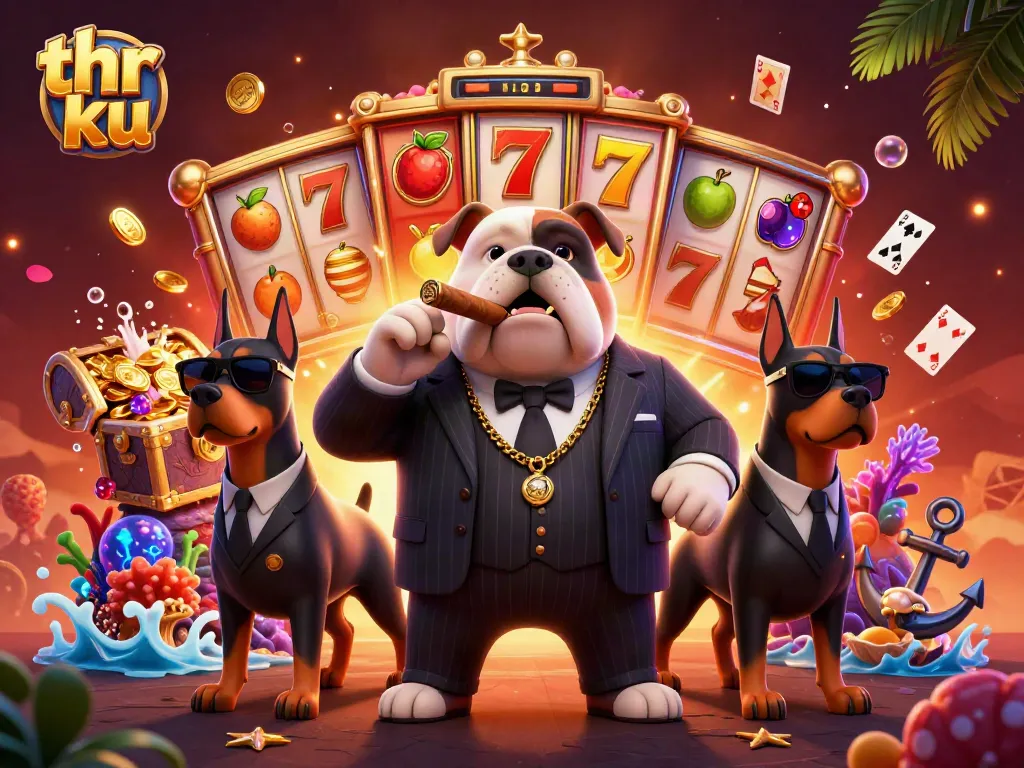 Win big at thr ku with this vibrant casino illustration featuring exciting slot elements.