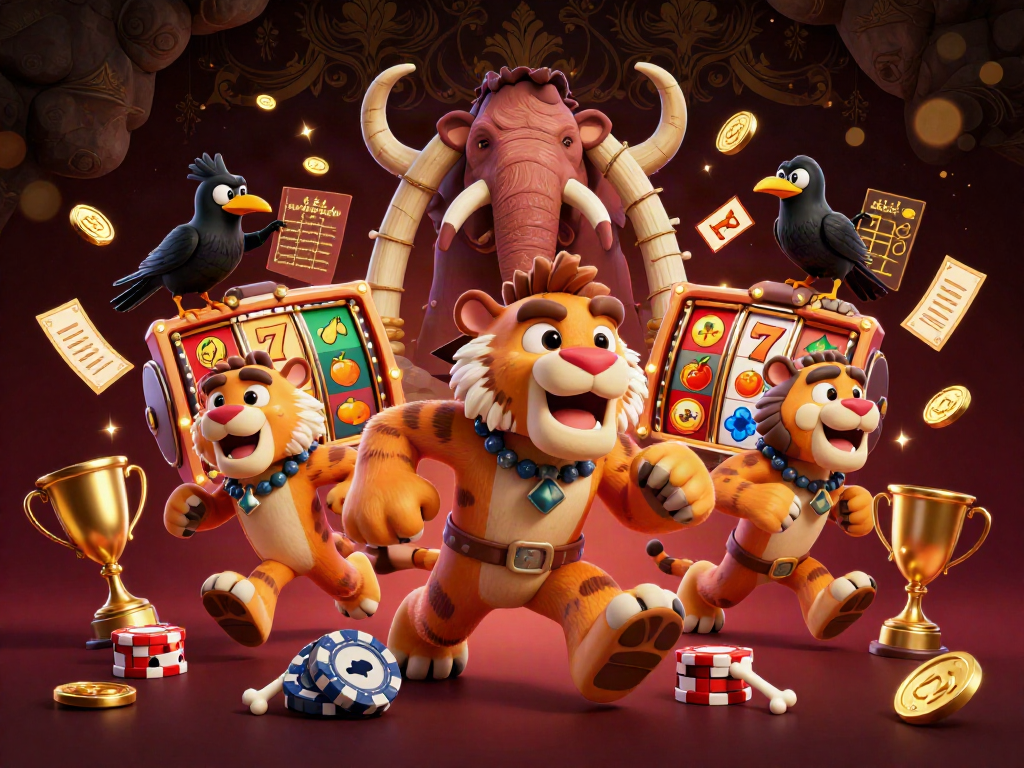 Experience an immersive slot game scene featuring colorful symbols, a casino duo, and dynamic elements.