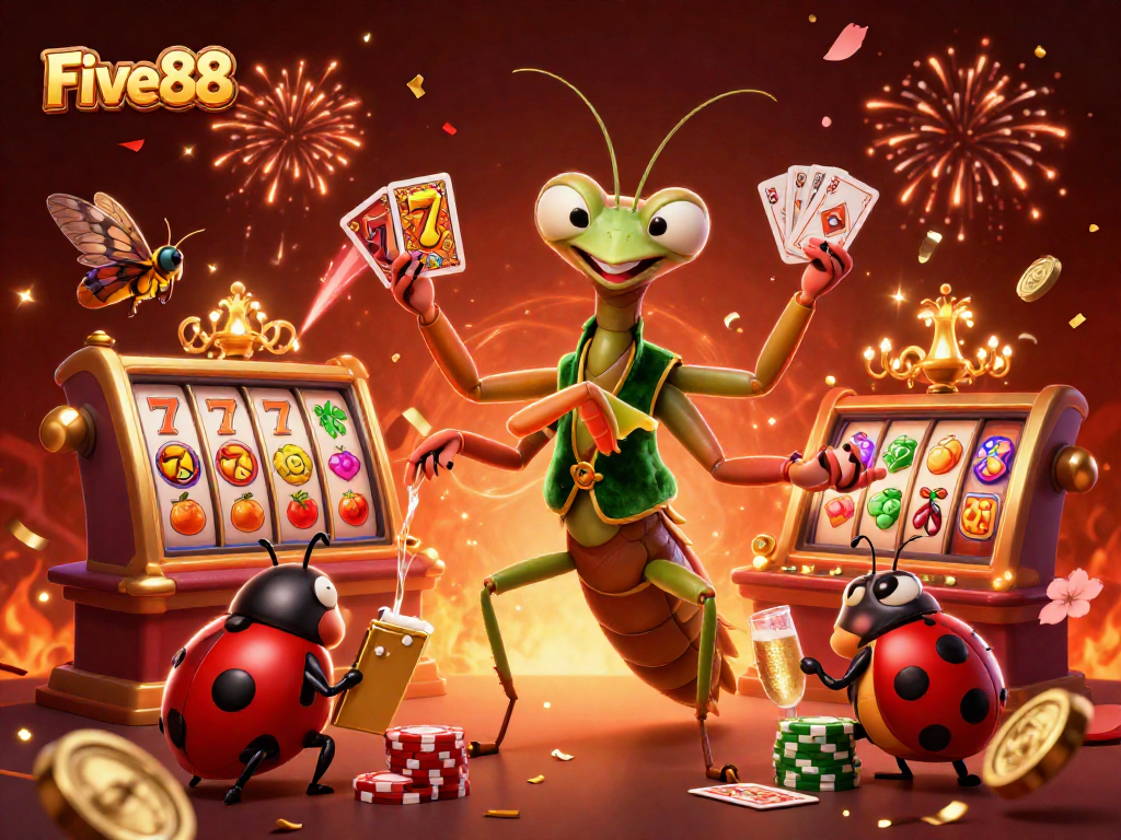 Five88 showcases a giant praying mantis card sharp in a vibrant slot casino scene.