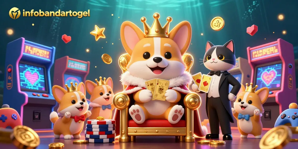 Experience the vibrant world of infobandartogel with gaming-themed art featuring royal corgis and casino elements.