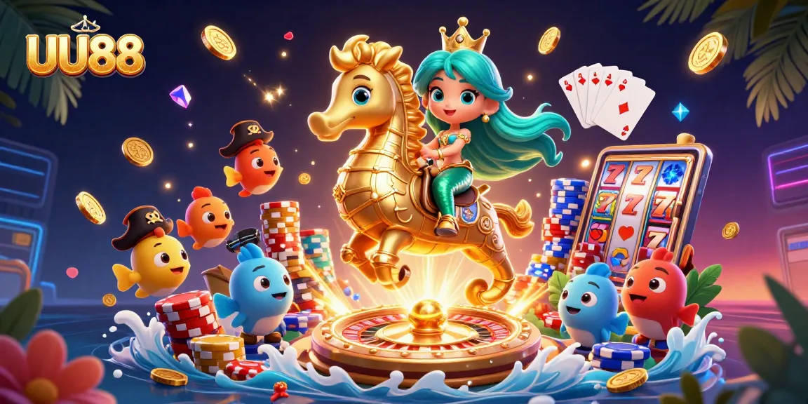 Experience exciting gaming at UU88 with a vibrant 3D scene of a mermaid and casino elements.