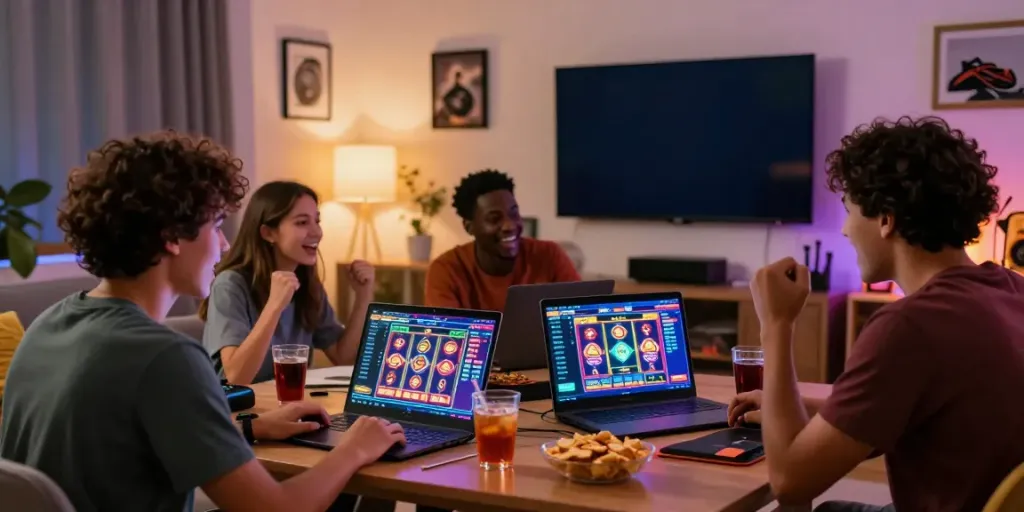 Friends celebrating as they play situs slot gacor in a cozy living room.