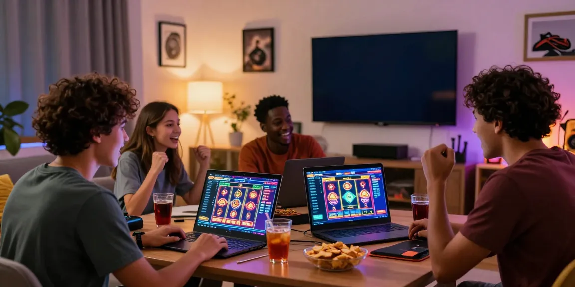 Friends celebrating as they play situs slot gacor in a cozy living room.