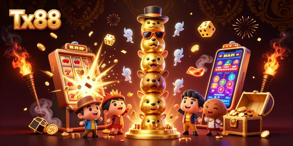 Tx88 slot machine jackpot explosion with vibrant casino elements and golden totem characters.