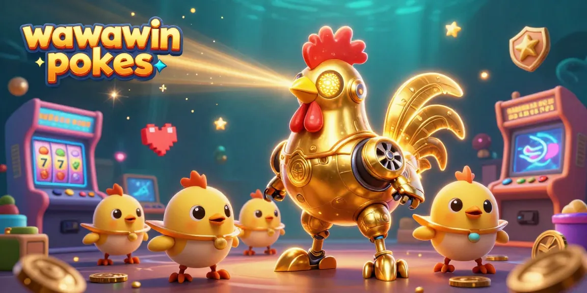 Engage with wawawin pokies through vibrant 3D illustration featuring retro gaming elements and a golden rooster robot.