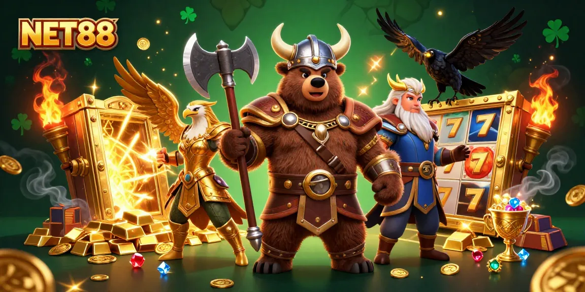 NET88 captures excitement with a Viking bear and Valkyrie eagle amidst dynamic slot elements.