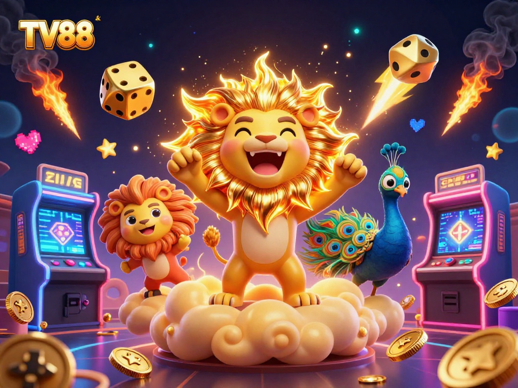 Experience excitement at TV88 with a vibrant 3D lion, golden dice, and arcade elements.