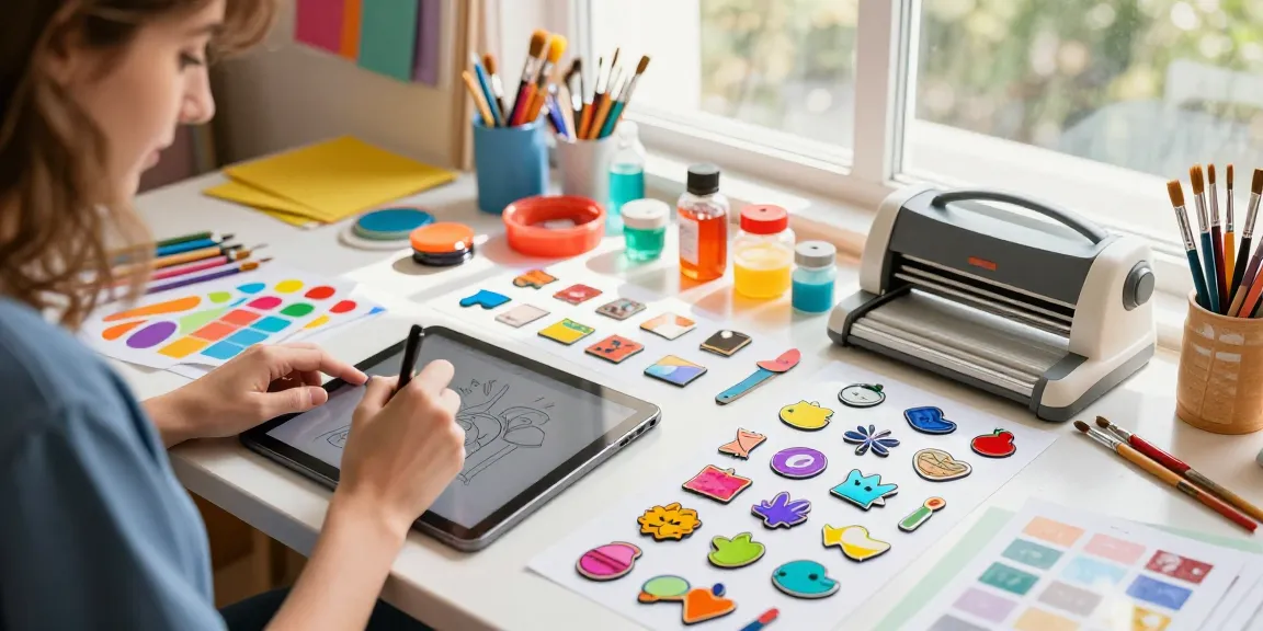 Custom acrylic pins designs being created in a colourful craft studio.