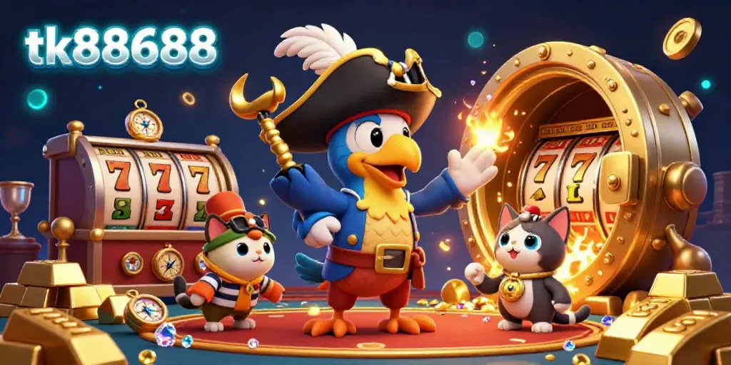 Engage with tk88688 in a vibrant 3D gambling scene featuring a pirate parrot, bulldog, and cat with rich gold treasures.