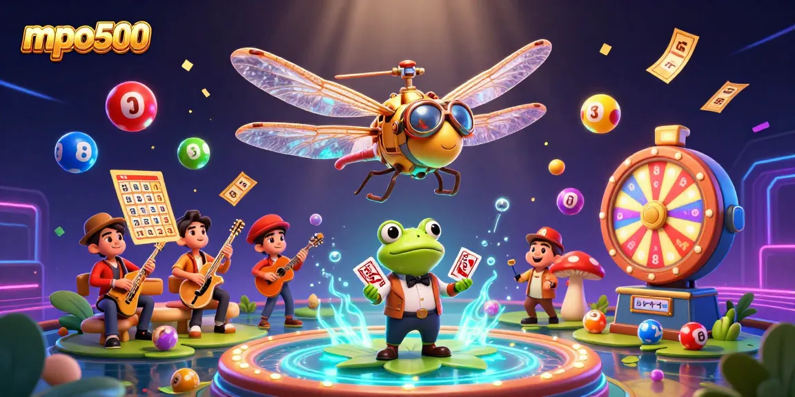Experience mpo500's vibrant casino world with a dragonfly pilot and lively gaming elements.