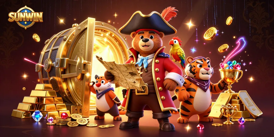 SUNWIN showcases a vibrant 3D pirate scene with treasure, casino elements, and dynamic characters.