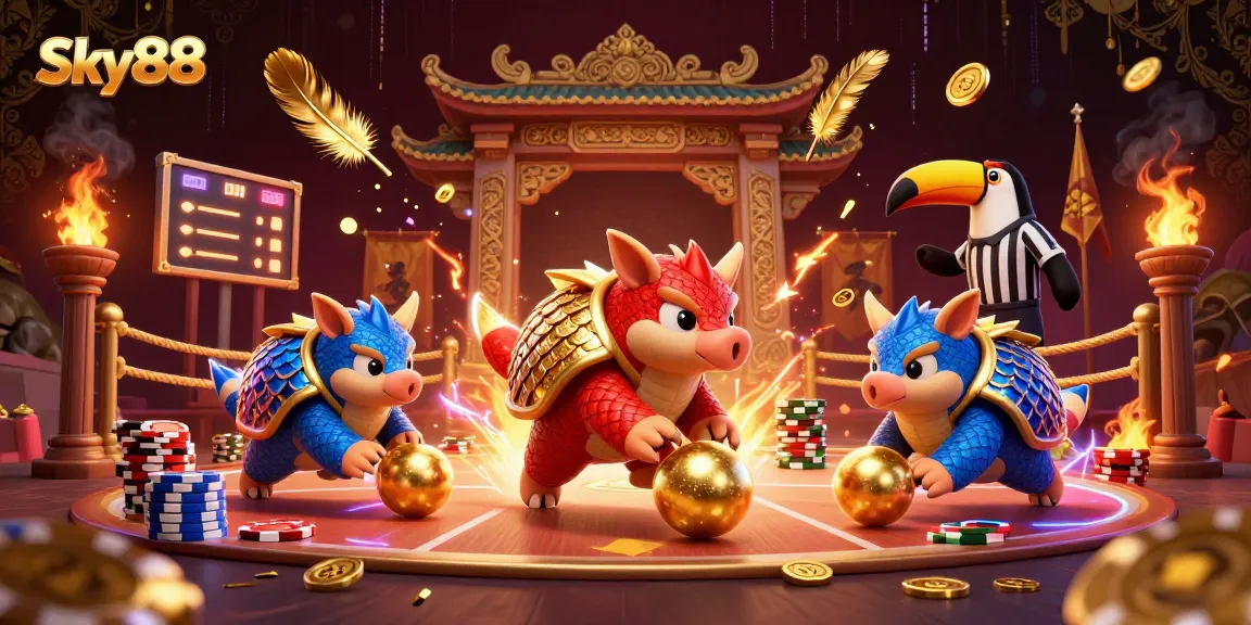 Experience dynamic gaming action with Sky88 as pangolins rival in a colorful casino scene.