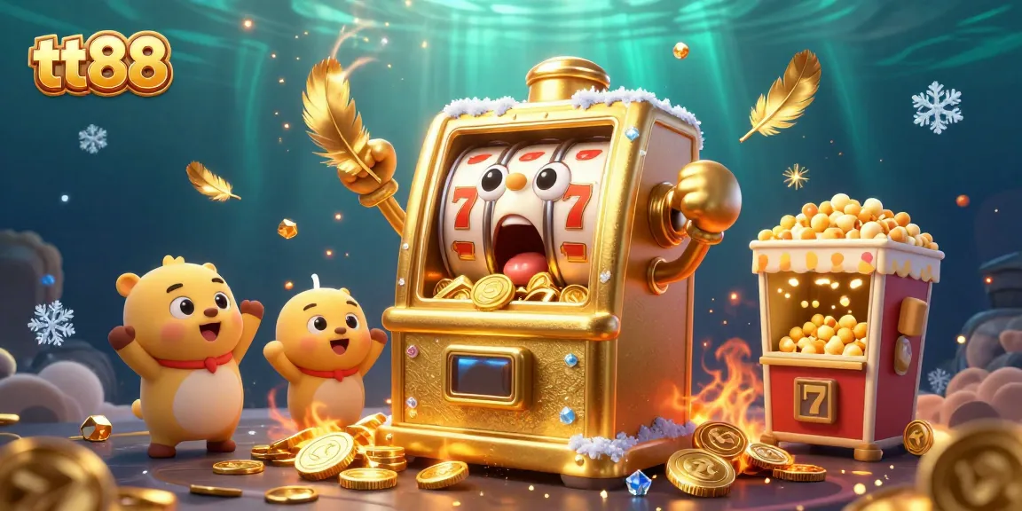 Spin to win at tt88 with a golden slot machine celebrating a jackpot surrounded by cheering baby slots.