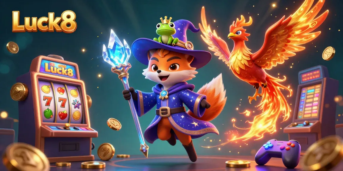 Experience the magic of Luck8 with a wizard fox, phoenix, and enchanted elements in this vibrant casino scene.