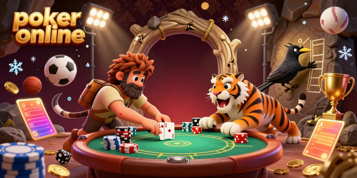 Experience dynamic poker online action with a playful caveman and tiger duo managing a prehistoric casino in this vibrant illustration.