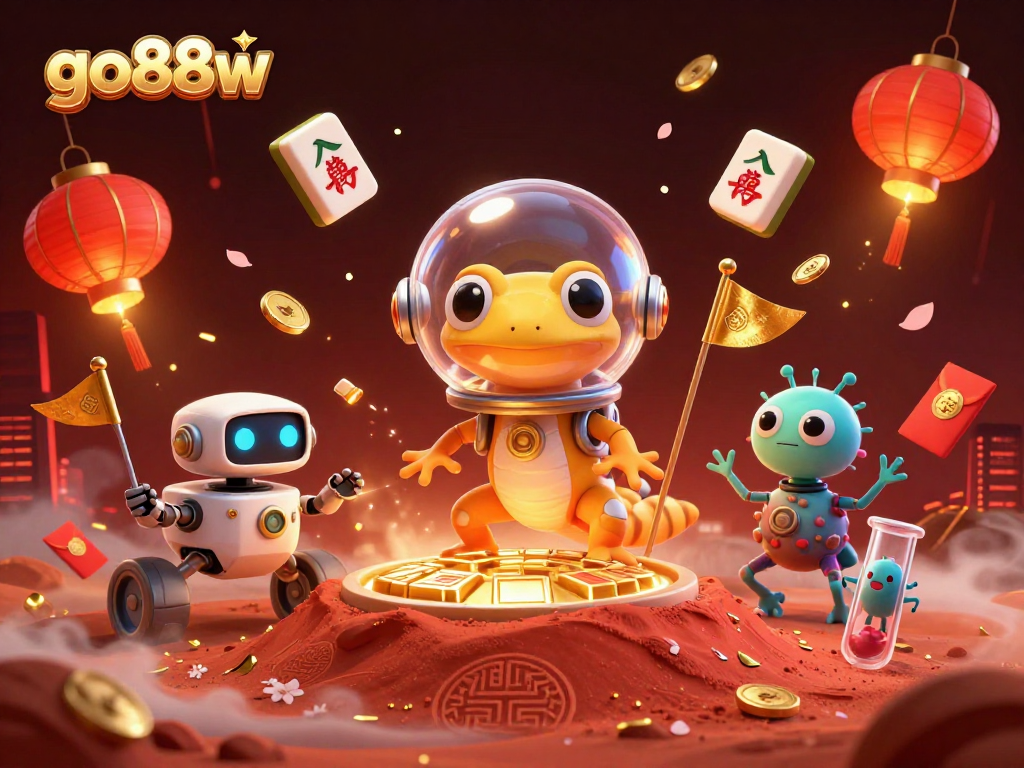 Experience go88w's vibrant casino adventure with an alien gecko discovering treasures in space.