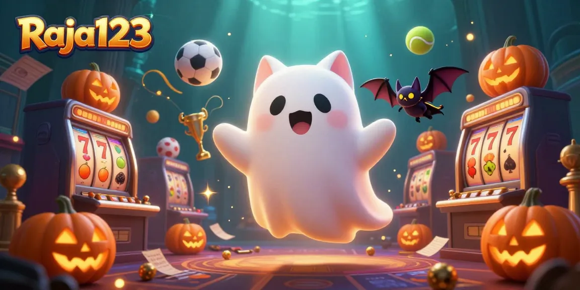 Engage with Raja123's thrilling haunted casino scene featuring a ghost cat and vampire bat amidst slot reels.