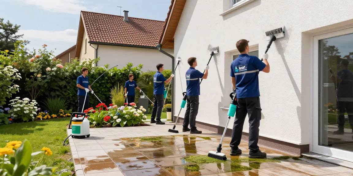 Professionelle Reinigung Wettenberg: Team reinigt Fassade mit umweltschonenden Mitteln.